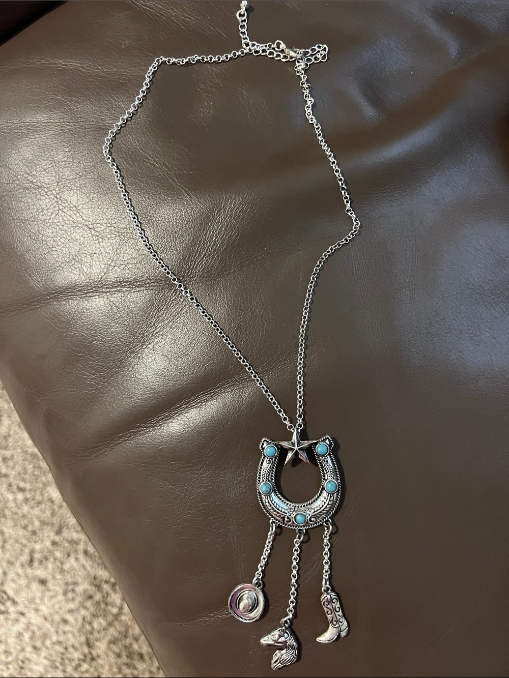 Silver Horseshoe Pendant Necklace with Turquoise Accents